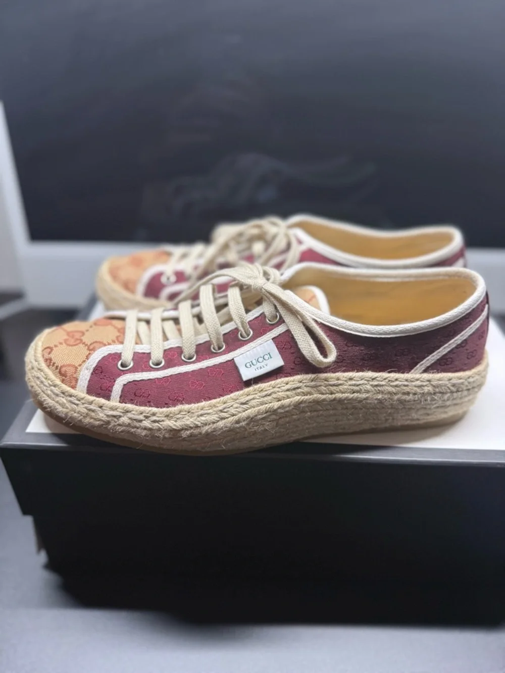 Gucci - Men’s Burgundy and Beige Canvas Espadrille Sneakers - Picture 4 of 5